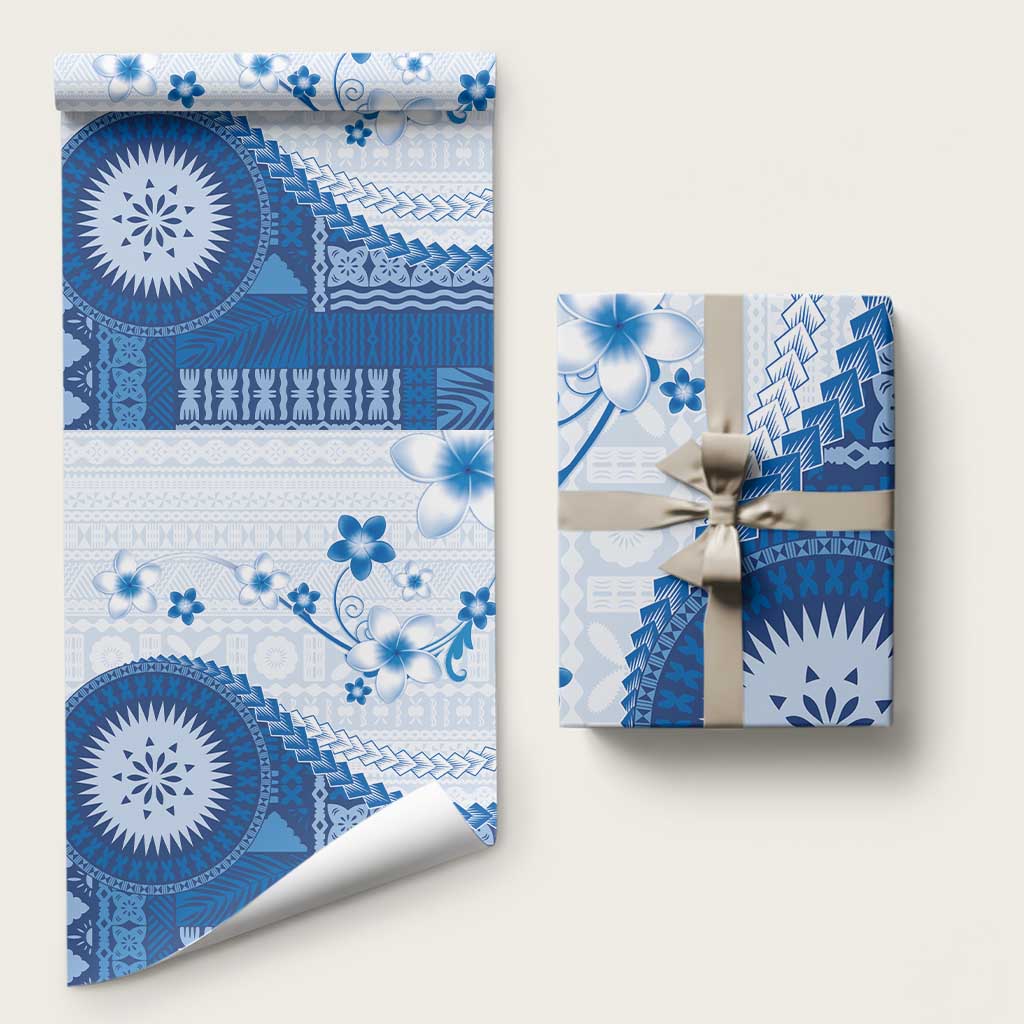 Bula Fiji Wrapping Paper Blue Plumeria Masi Tapa Pattern