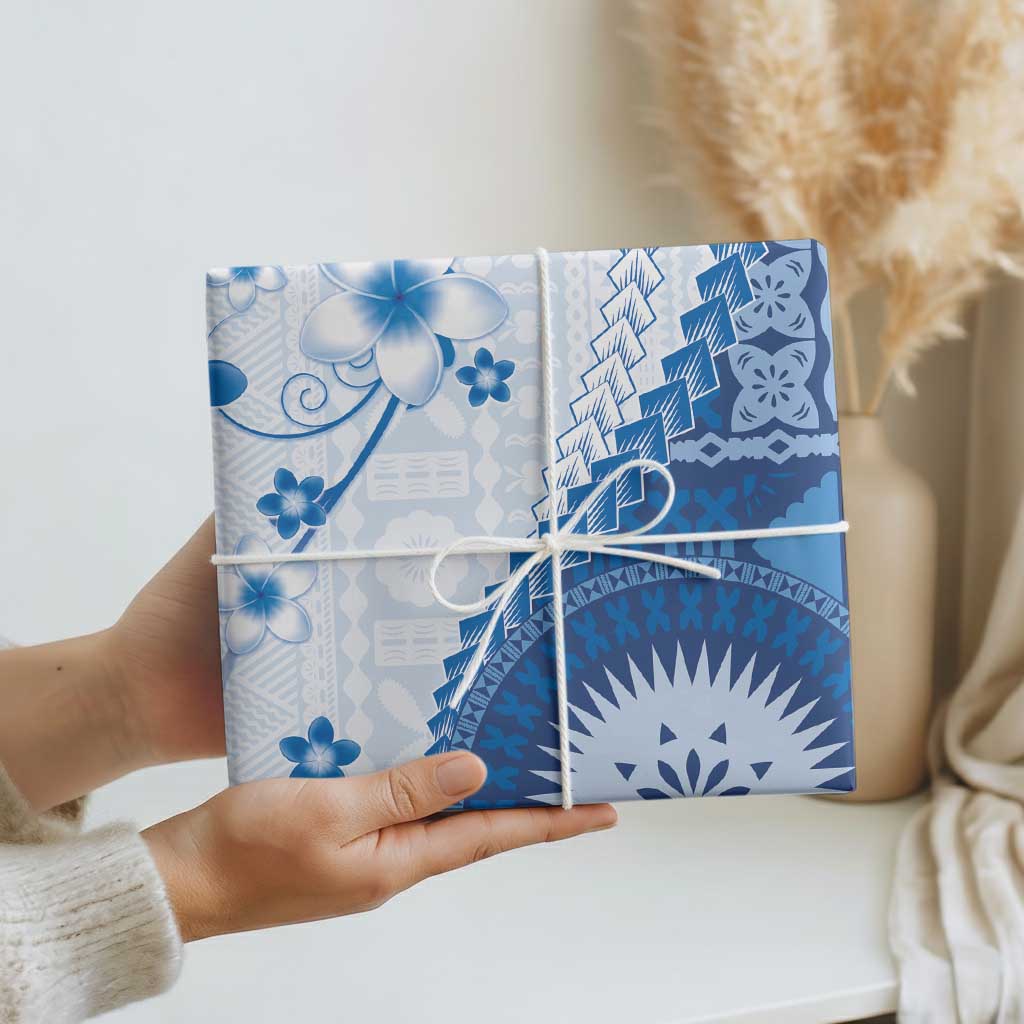 Bula Fiji Wrapping Paper Blue Plumeria Masi Tapa Pattern