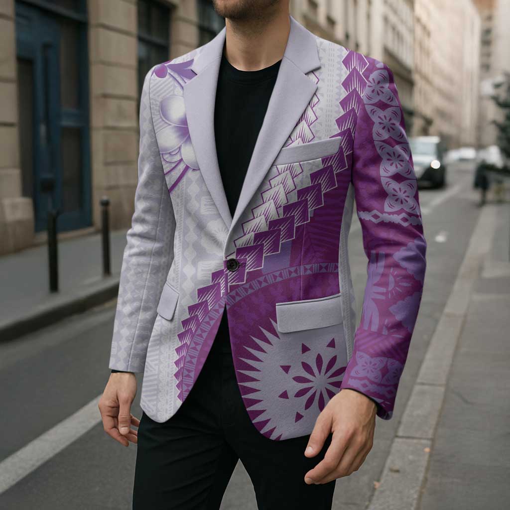 Bula Fiji Blazer Violet Plumeria Masi Tapa Pattern - Polynesian Pride