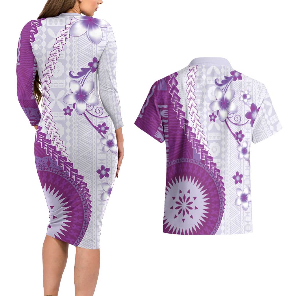 Bula Fiji Couples Matching Long Sleeve Bodycon Dress and Hawaiian Shirt Violet Plumeria Masi Tapa Pattern - Polynesian Pride