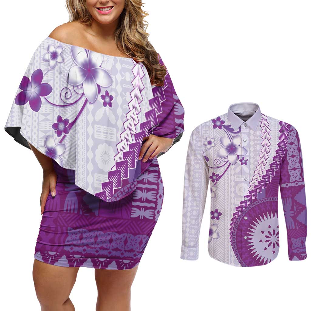 Bula Fiji Couples Matching Off Shoulder Short Dress and Long Sleeve Button Shirt Violet Plumeria Masi Tapa Pattern LT05 Violet - Polynesian Pride