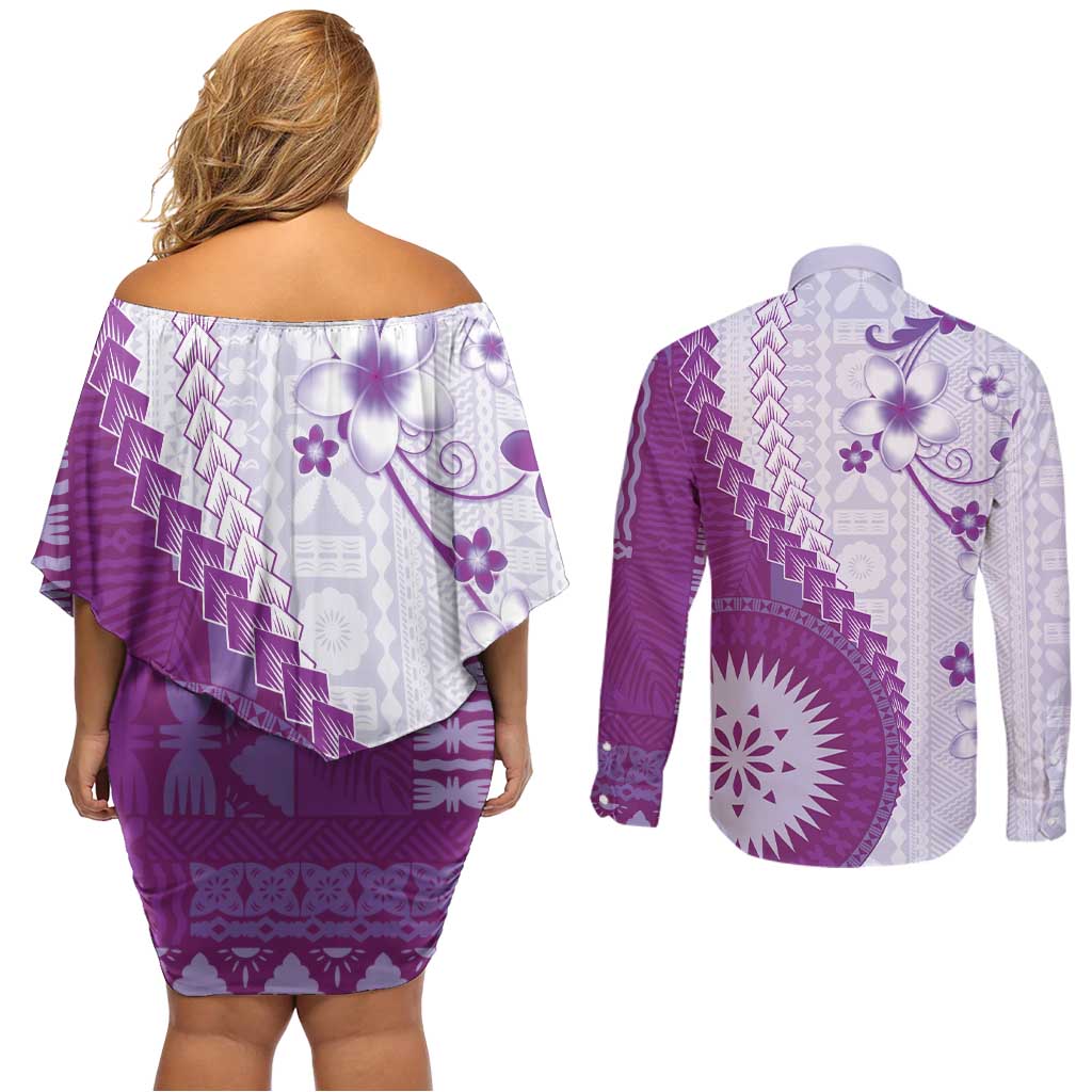 Bula Fiji Couples Matching Off Shoulder Short Dress and Long Sleeve Button Shirt Violet Plumeria Masi Tapa Pattern LT05 - Polynesian Pride