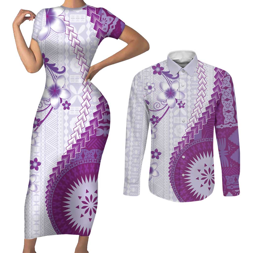 Bula Fiji Couples Matching Short Sleeve Bodycon Dress and Long Sleeve Button Shirt Violet Plumeria Masi Tapa Pattern - Polynesian Pride
