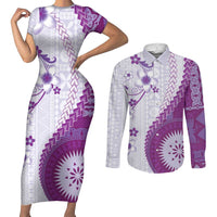 Bula Fiji Couples Matching Short Sleeve Bodycon Dress and Long Sleeve Button Shirt Violet Plumeria Masi Tapa Pattern - Polynesian Pride