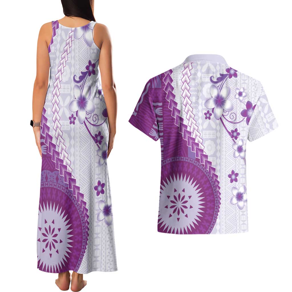 Bula Fiji Couples Matching Tank Maxi Dress and Hawaiian Shirt Violet Plumeria Masi Tapa Pattern - Polynesian Pride