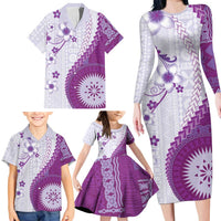 Bula Fiji Family Matching Long Sleeve Bodycon Dress and Hawaiian Shirt Violet Plumeria Masi Tapa Pattern LT05 - Polynesian Pride