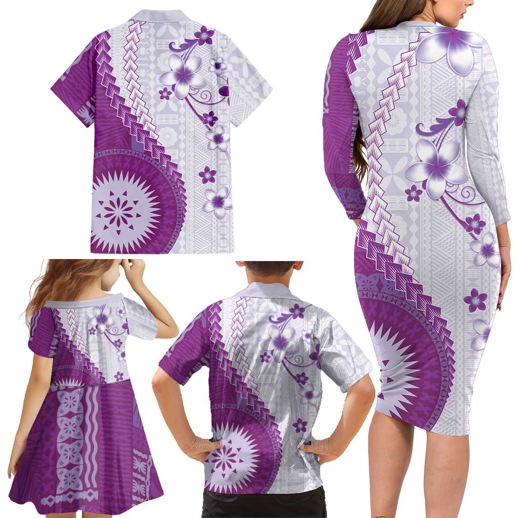 Bula Fiji Family Matching Long Sleeve Bodycon Dress and Hawaiian Shirt Violet Plumeria Masi Tapa Pattern LT05 - Polynesian Pride