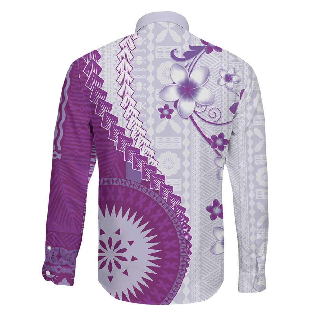 Bula Fiji Family Matching Long Sleeve Bodycon Dress and Hawaiian Shirt Violet Plumeria Masi Tapa Pattern LT05 - Polynesian Pride