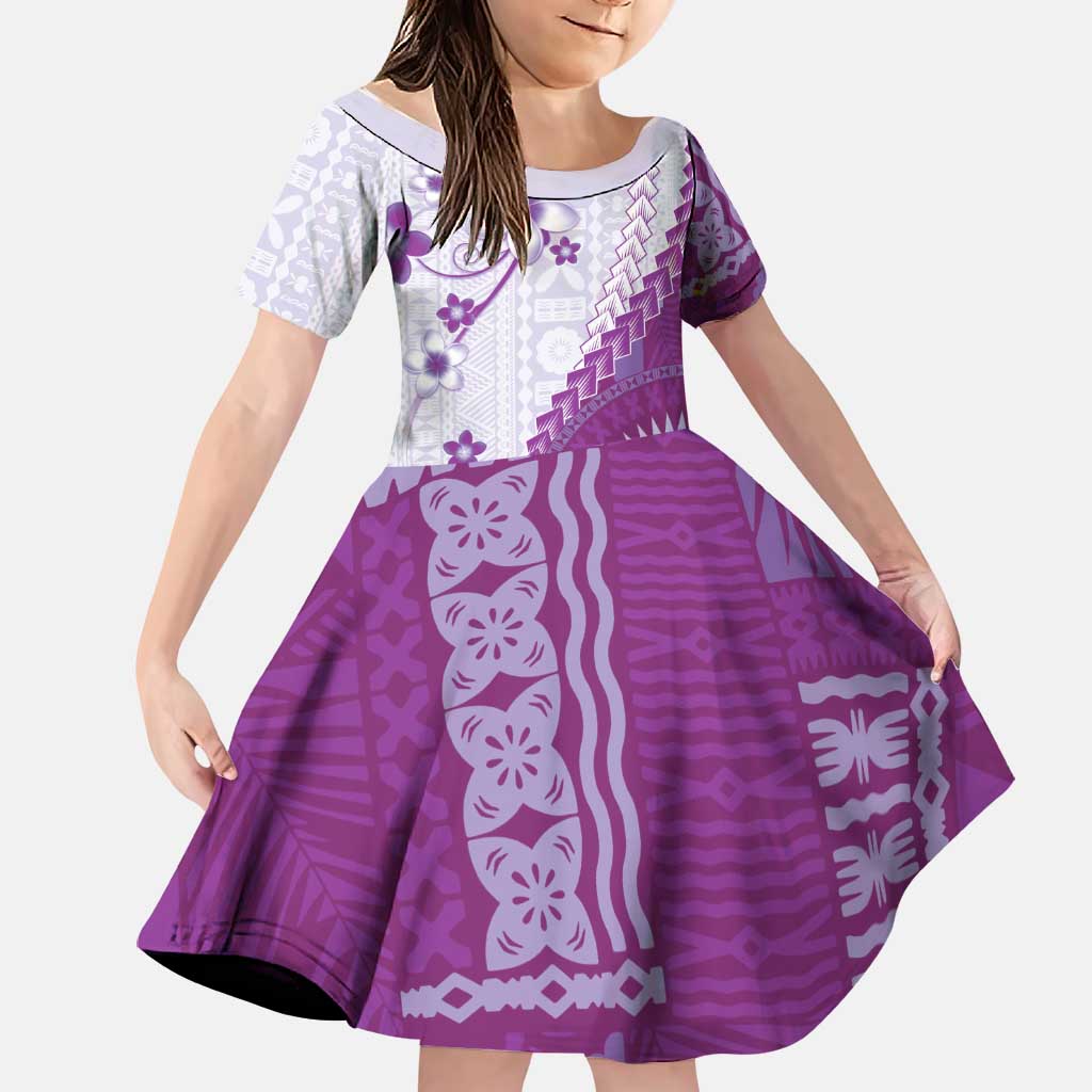 Bula Fiji Family Matching Mermaid Dress and Hawaiian Shirt Violet Plumeria Masi Tapa Pattern LT05 Daughter's Dress Violet - Polynesian Pride