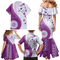 Bula Fiji Family Matching Mermaid Dress and Hawaiian Shirt Violet Plumeria Masi Tapa Pattern LT05 - Polynesian Pride