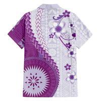 Bula Fiji Family Matching Off The Shoulder Long Sleeve Dress and Hawaiian Shirt Violet Plumeria Masi Tapa Pattern LT05 - Polynesian Pride