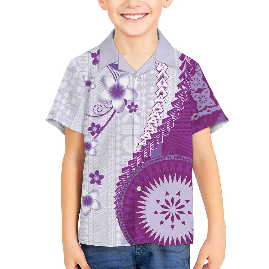 Bula Fiji Family Matching Off The Shoulder Long Sleeve Dress and Hawaiian Shirt Violet Plumeria Masi Tapa Pattern LT05 Son's Shirt Violet - Polynesian Pride