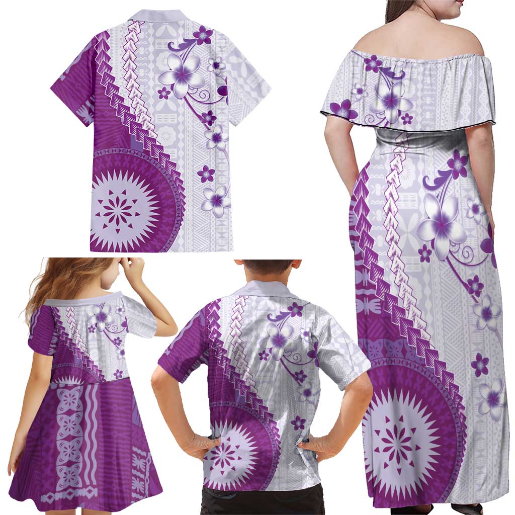 Bula Fiji Family Matching Off Shoulder Maxi Dress and Hawaiian Shirt Violet Plumeria Masi Tapa Pattern LT05 - Polynesian Pride