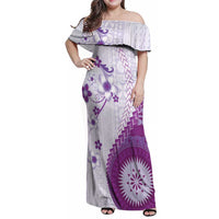 Bula Fiji Family Matching Off Shoulder Maxi Dress and Hawaiian Shirt Violet Plumeria Masi Tapa Pattern LT05 Mom's Dress Violet - Polynesian Pride