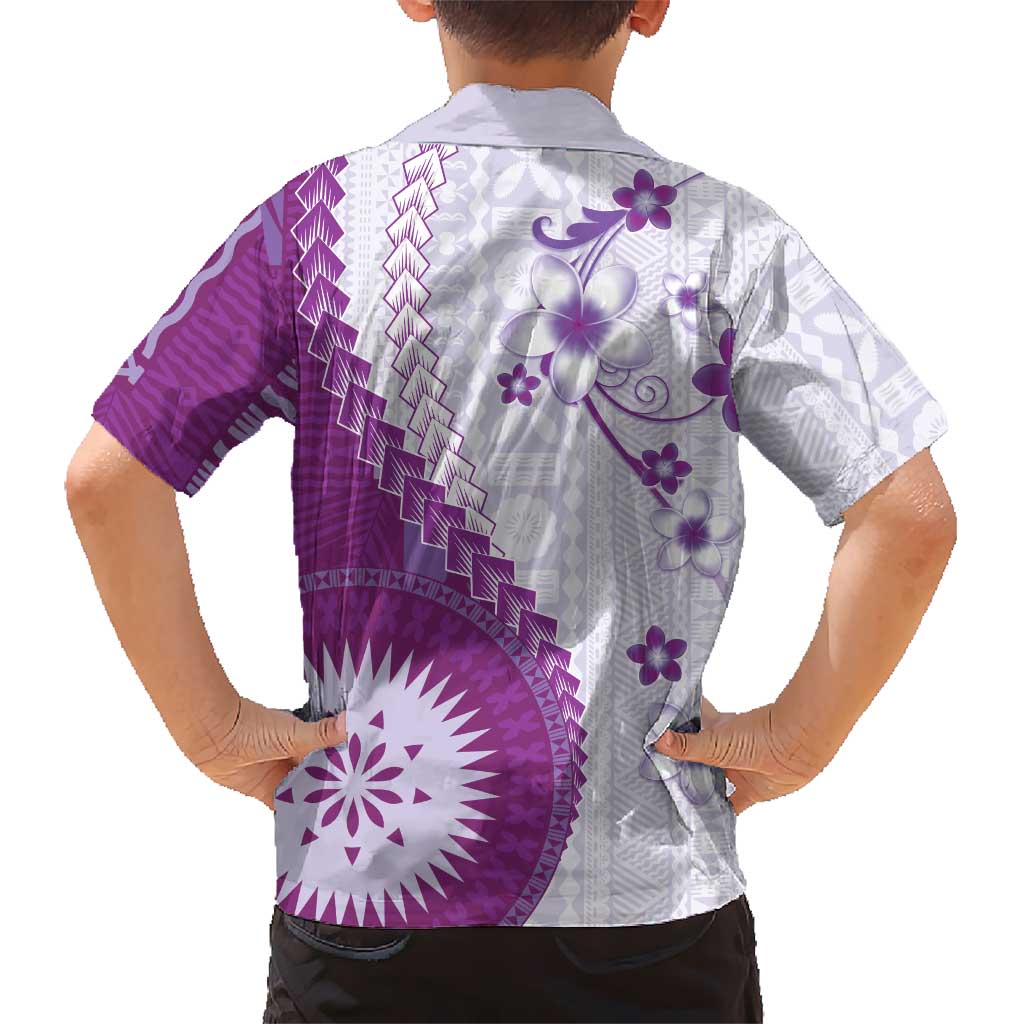 Bula Fiji Family Matching Puletasi and Hawaiian Shirt Violet Plumeria Masi Tapa Pattern - Polynesian Pride