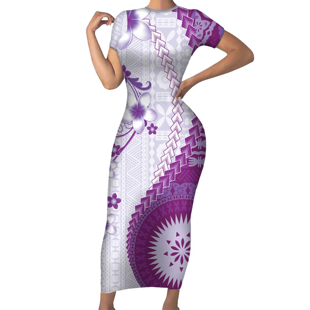 Bula Fiji Family Matching Short Sleeve Bodycon Dress and Hawaiian Shirt Violet Plumeria Masi Tapa Pattern LT05 Mom's Dress Violet - Polynesian Pride