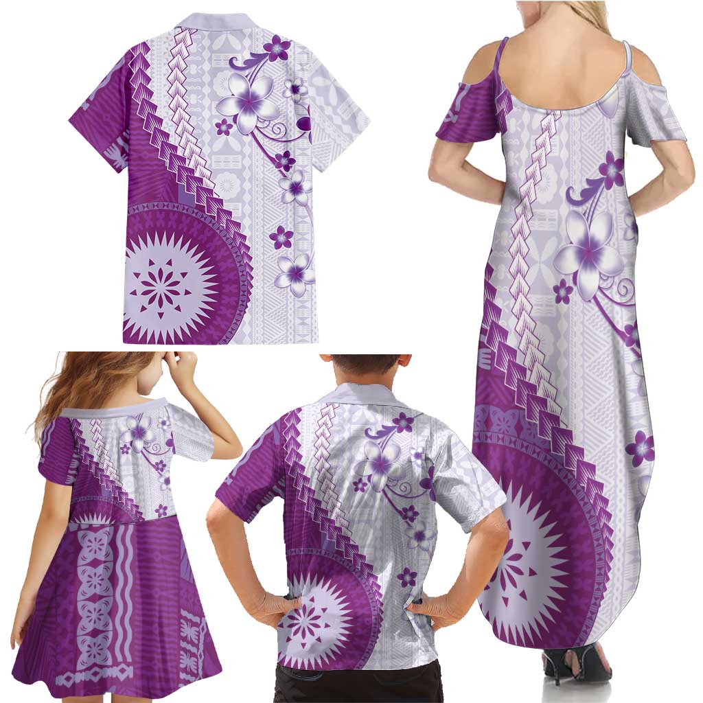 Bula Fiji Family Matching Summer Maxi Dress and Hawaiian Shirt Violet Plumeria Masi Tapa Pattern LT05 - Polynesian Pride