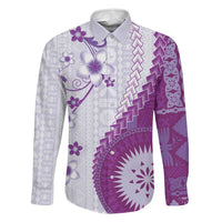 Bula Fiji Family Matching Summer Maxi Dress and Hawaiian Shirt Violet Plumeria Masi Tapa Pattern LT05 Dad's Shirt - Long Sleeve Violet - Polynesian Pride