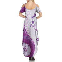 Bula Fiji Family Matching Summer Maxi Dress and Hawaiian Shirt Violet Plumeria Masi Tapa Pattern LT05 - Polynesian Pride