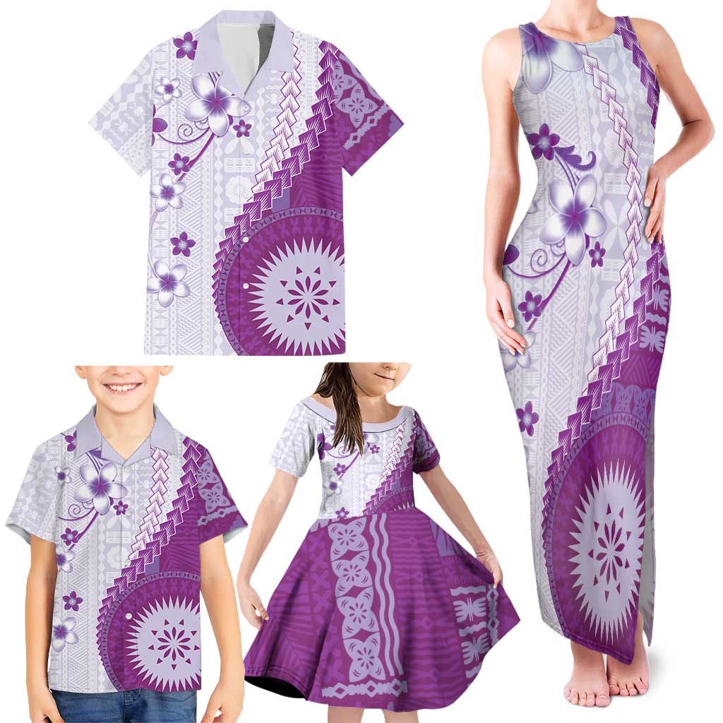 Bula Fiji Family Matching Tank Maxi Dress and Hawaiian Shirt Violet Plumeria Masi Tapa Pattern LT05 - Polynesian Pride