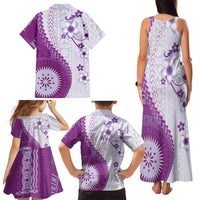 Bula Fiji Family Matching Tank Maxi Dress and Hawaiian Shirt Violet Plumeria Masi Tapa Pattern LT05 - Polynesian Pride