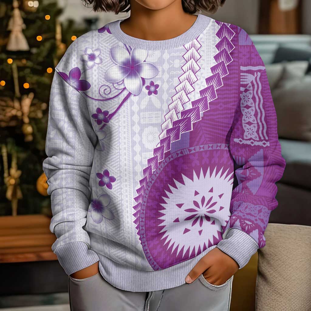 Bula Fiji Kid Ugly Christmas Sweater Violet Plumeria Masi Tapa Pattern - Polynesian Pride