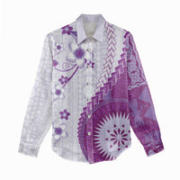Bula Fiji Women Casual Shirt Violet Plumeria Masi Tapa Pattern LT05 - Polynesian Pride