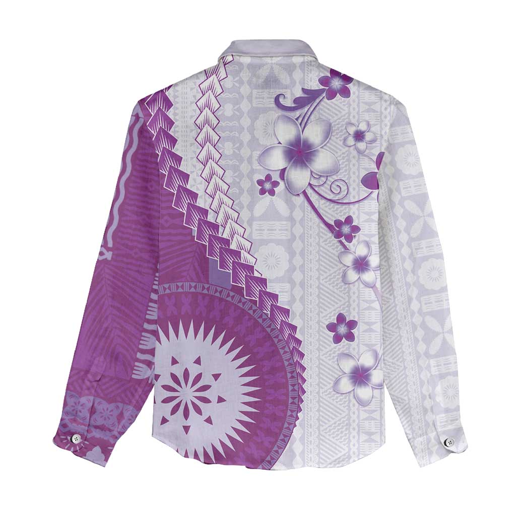 Bula Fiji Women Casual Shirt Violet Plumeria Masi Tapa Pattern LT05 - Polynesian Pride