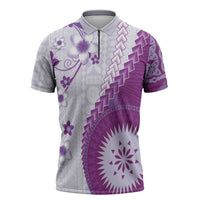 Bula Fiji Zipper Polo Shirt Violet Plumeria Masi Tapa Pattern - Polynesian Pride
