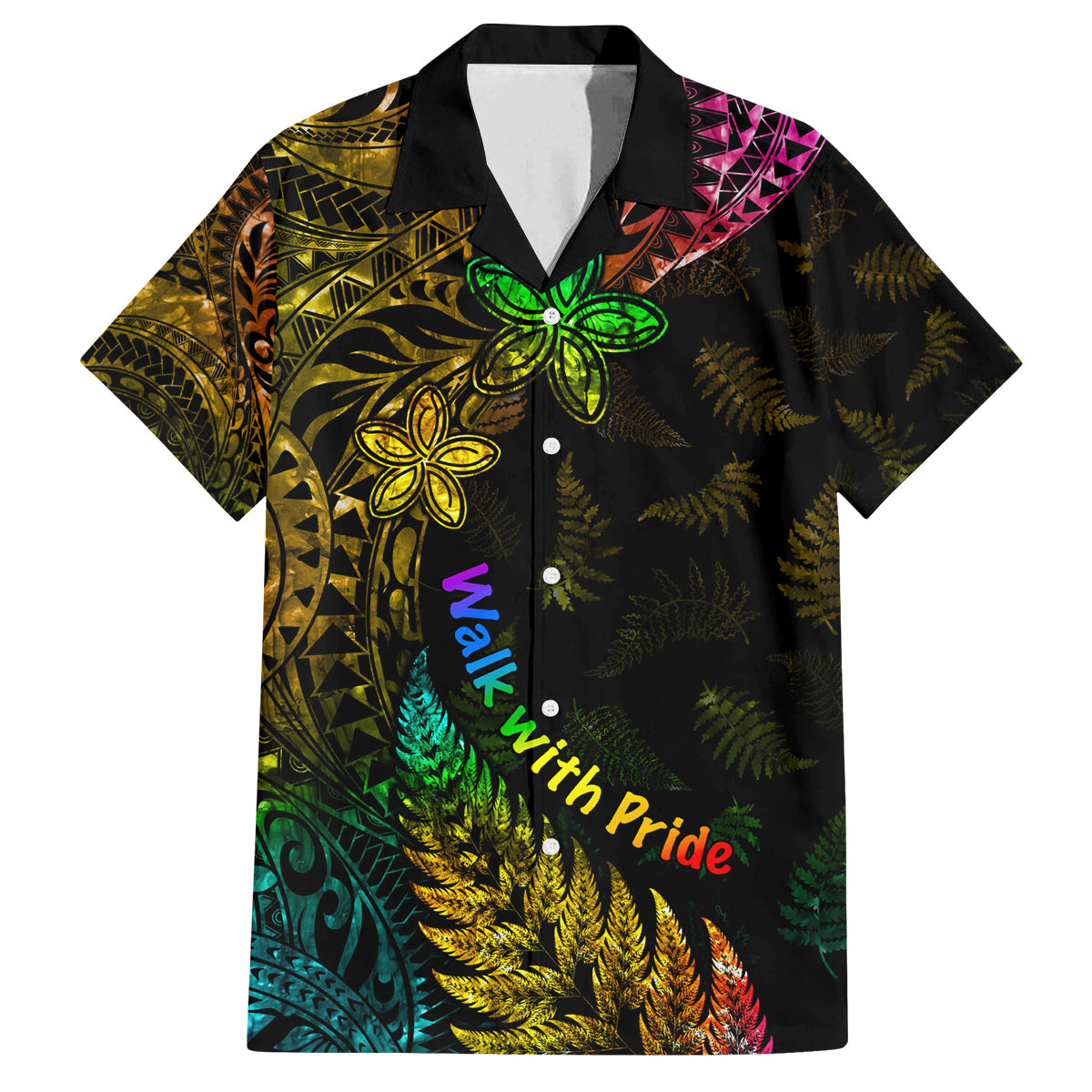 Personalised New Zealand Wellington Pride Family Matching Off Shoulder Short Dress and Hawaiian Shirt Rainbow Silver Fern Paua Shell LT05 Dad's Shirt - Short Sleeve Black - Polynesian Pride