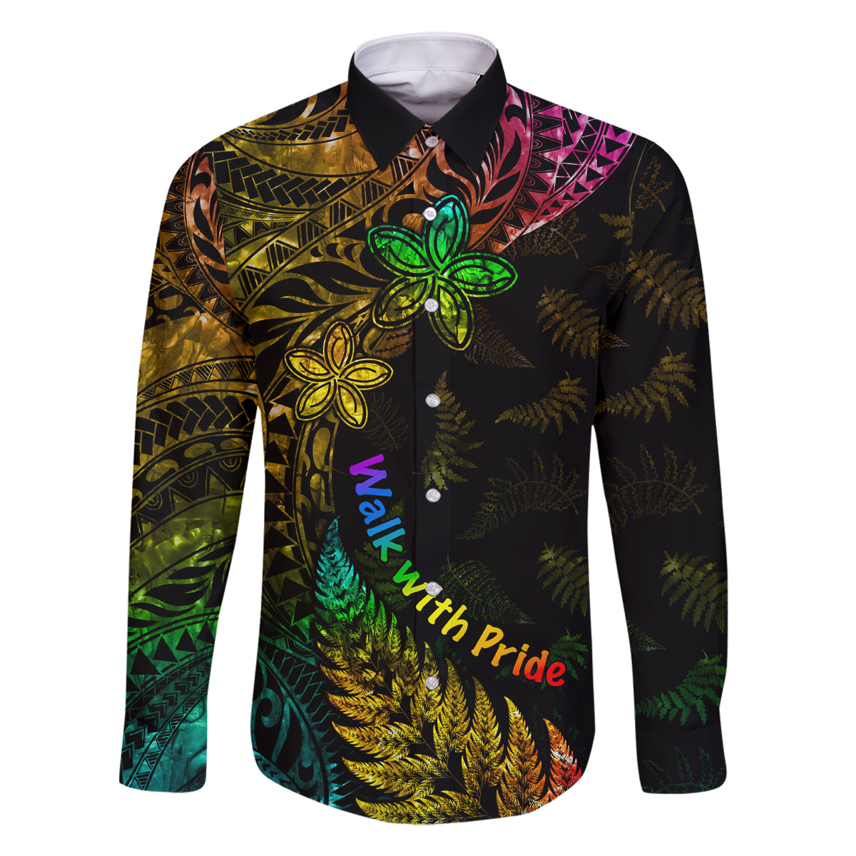 Personalised New Zealand Wellington Pride Family Matching Off Shoulder Short Dress and Hawaiian Shirt Rainbow Silver Fern Paua Shell LT05 Dad's Shirt - Long Sleeve Black - Polynesian Pride