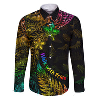 Personalised New Zealand Wellington Pride Family Matching Summer Maxi Dress and Hawaiian Shirt Rainbow Silver Fern Paua Shell LT05 Dad's Shirt - Long Sleeve Black - Polynesian Pride