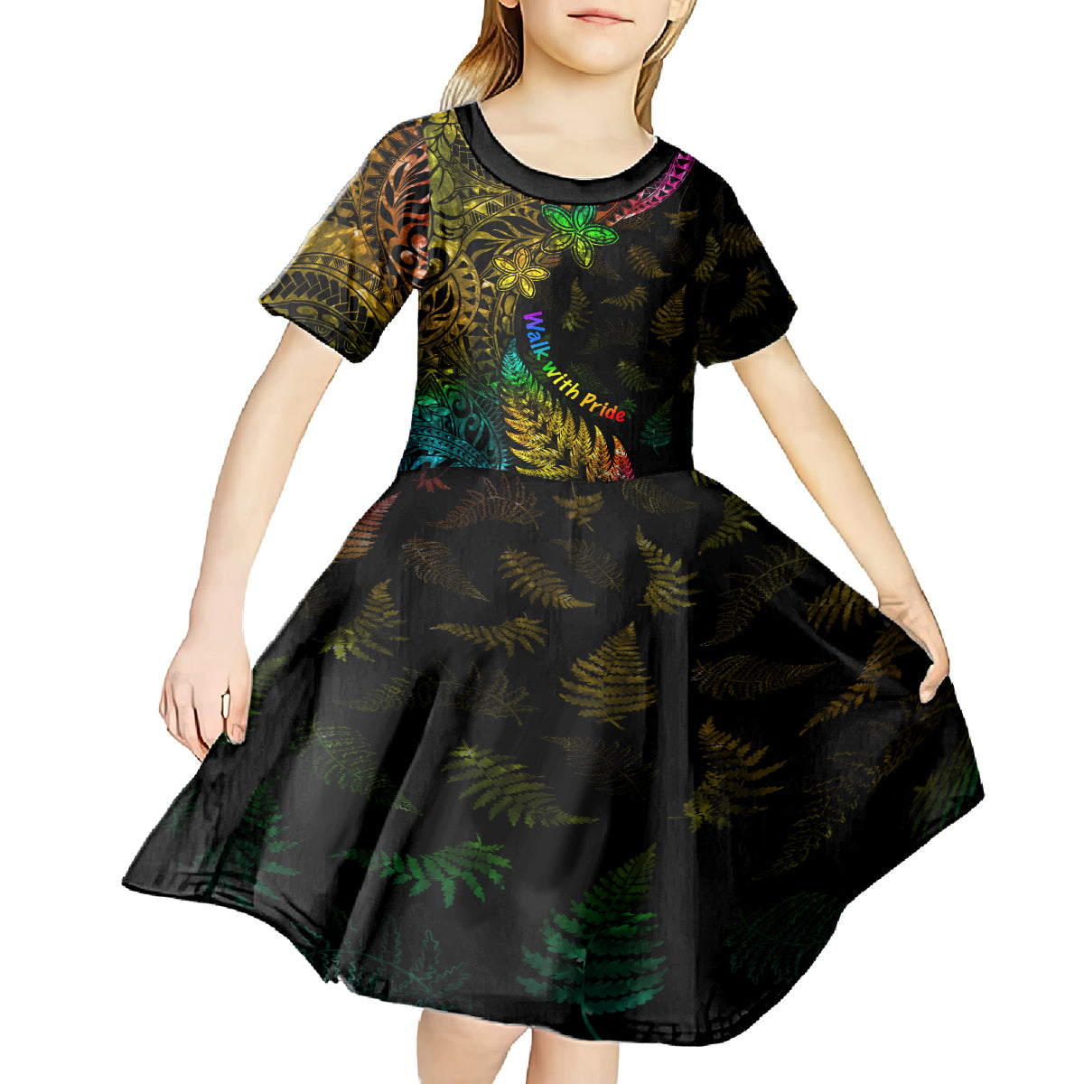 Personalised New Zealand Wellington Pride Kid Short Sleeve Dress Rainbow Silver Fern Paua Shell LT05 - Polynesian Pride