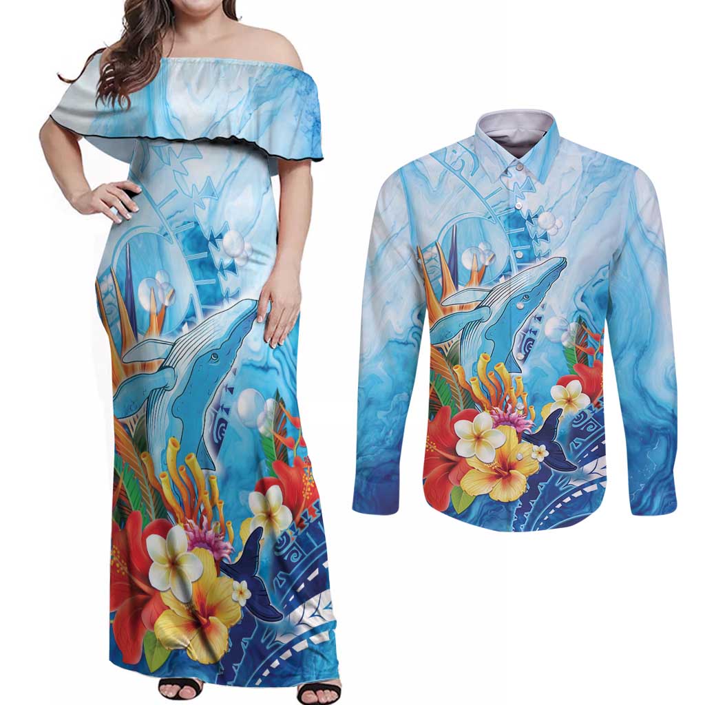 Polynesia Humpback Whale Couples Matching Off Shoulder Maxi Dress and Long Sleeve Button Shirt Ocean Style