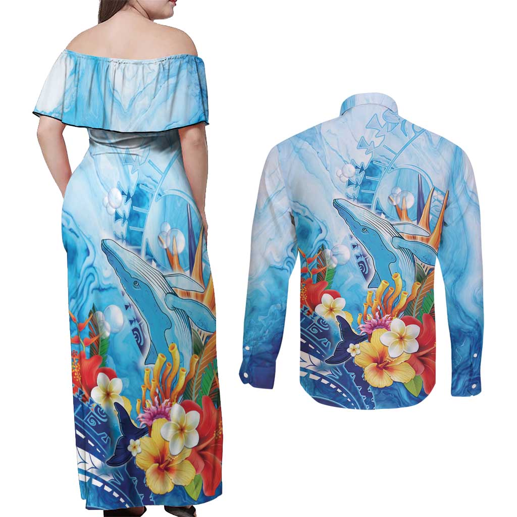 Polynesia Humpback Whale Couples Matching Off Shoulder Maxi Dress and Long Sleeve Button Shirt Ocean Style