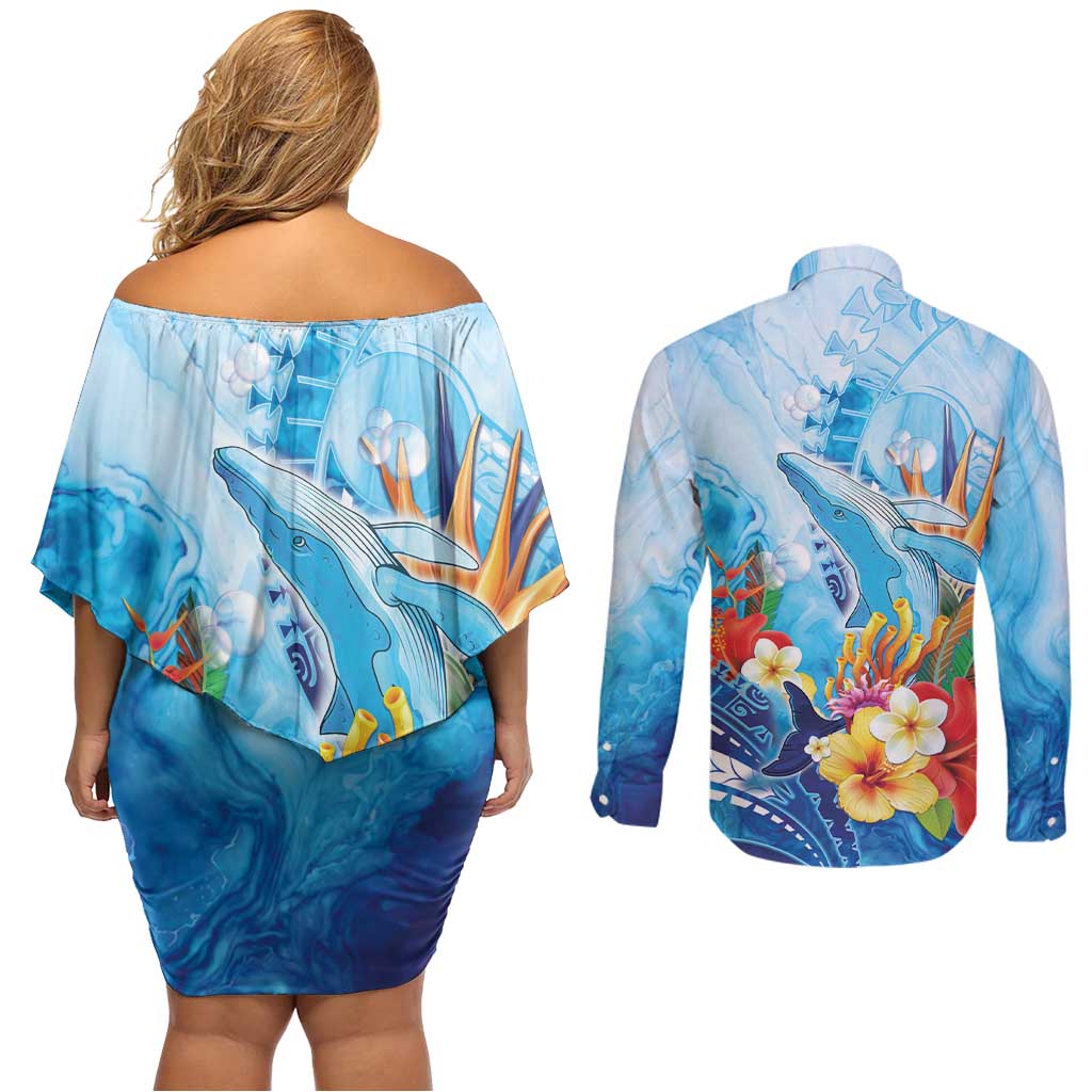 Polynesia Humpback Whale Couples Matching Off Shoulder Short Dress and Long Sleeve Button Shirt Ocean Style