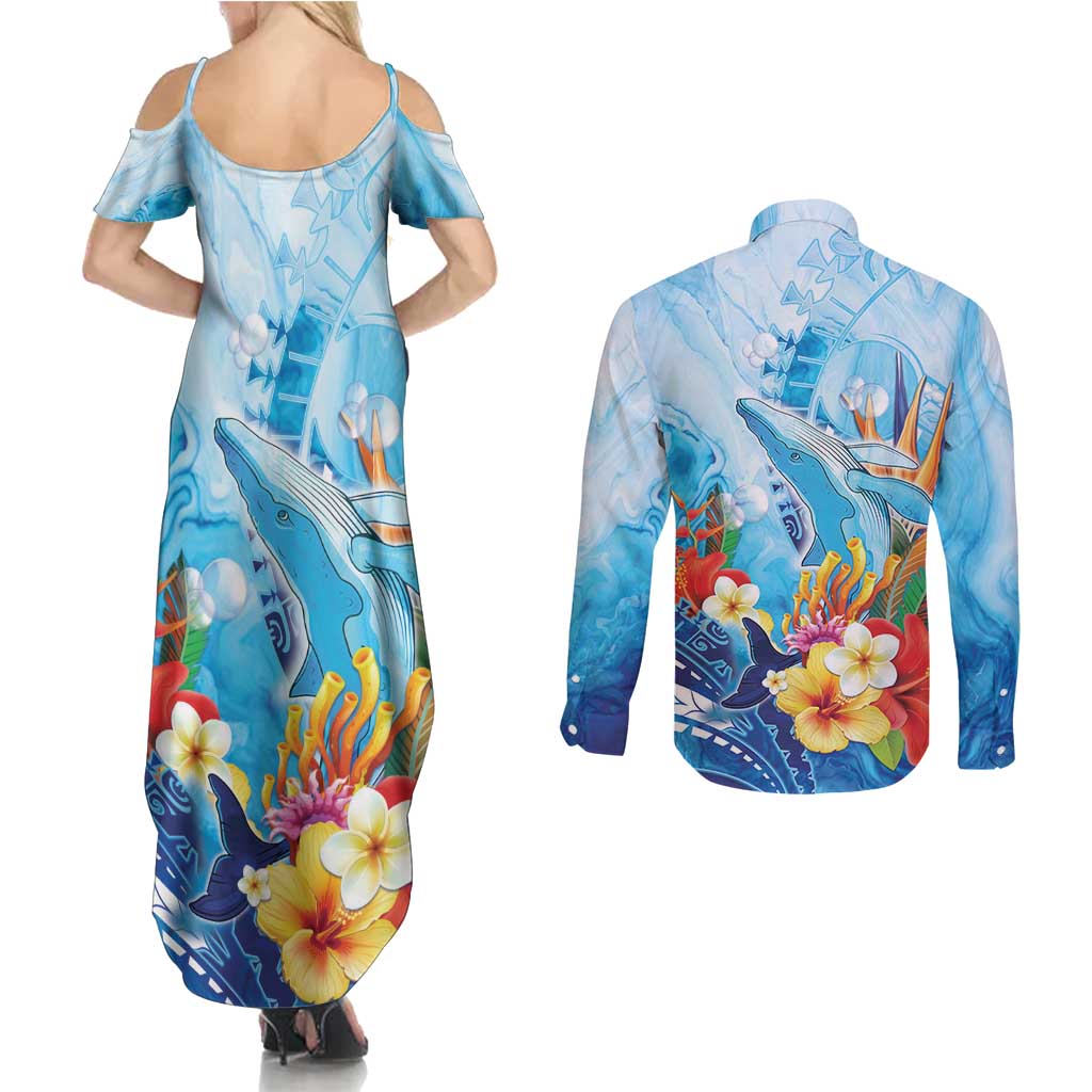 Polynesia Humpback Whale Couples Matching Summer Maxi Dress and Long Sleeve Button Shirt Ocean Style