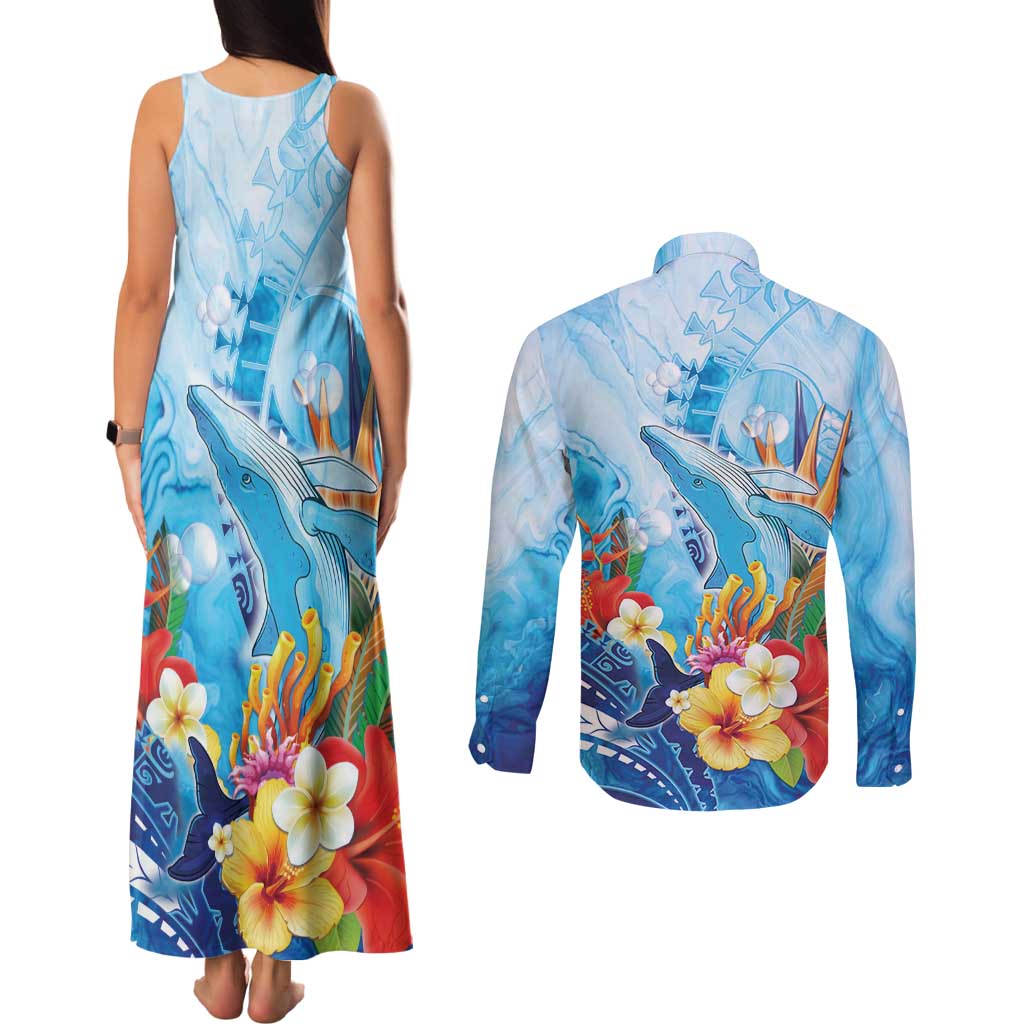 Polynesia Humpback Whale Couples Matching Tank Maxi Dress and Long Sleeve Button Shirt Ocean Style