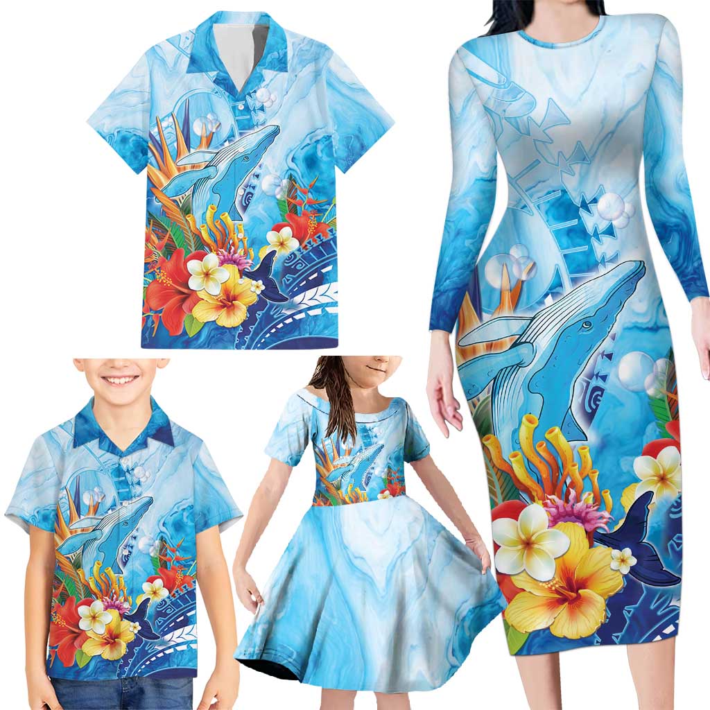 Polynesia Humpback Whale Family Matching Long Sleeve Bodycon Dress and Hawaiian Shirt Ocean Style LT05 - Polynesian Pride