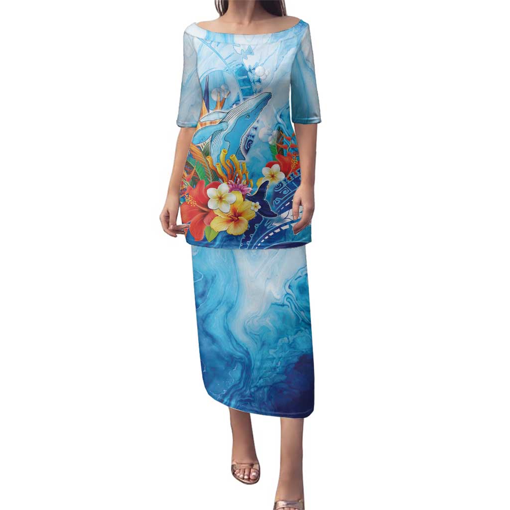 Polynesia Humpback Whale Family Matching Puletasi and Hawaiian Shirt Ocean Style