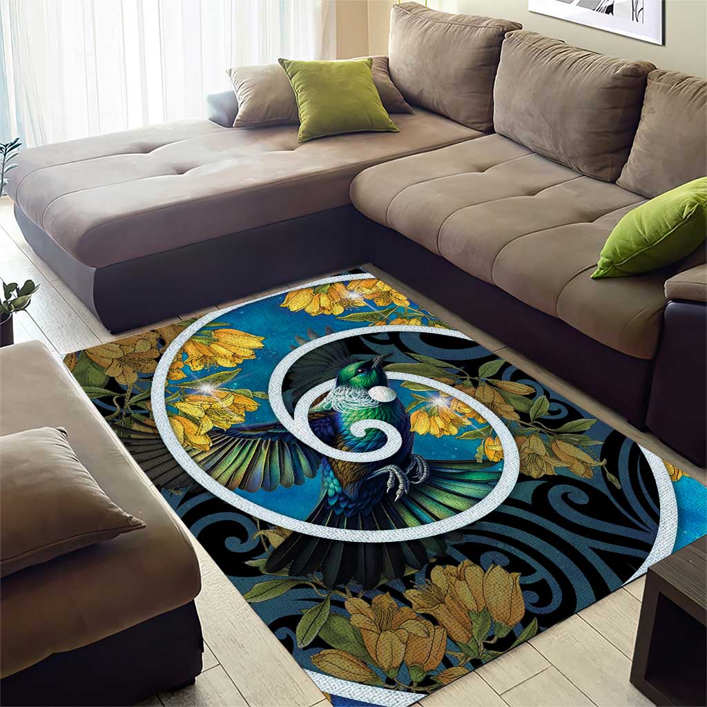 New Zealand Tui Bird Area Rug Maori Koru With Kowhai Flowers