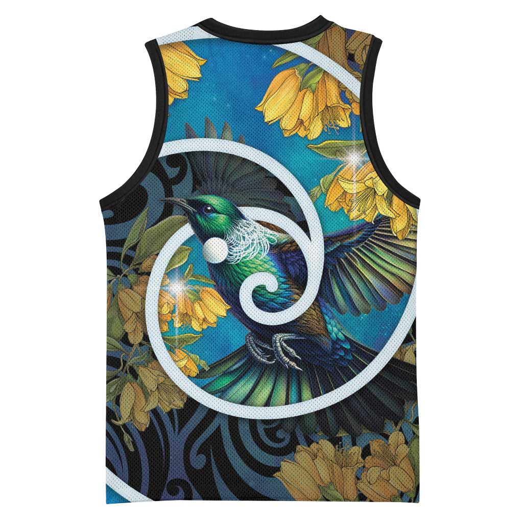 New Zealand Tui Bird Basketball Jersey Maori Koru With Kowhai Flowers