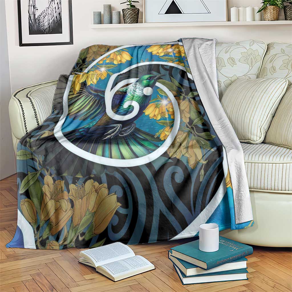 New Zealand Tui Bird Blanket Maori Koru With Kowhai Flowers LT05 Black - Polynesian Pride