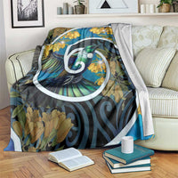 New Zealand Tui Bird Blanket Maori Koru With Kowhai Flowers LT05 Black - Polynesian Pride