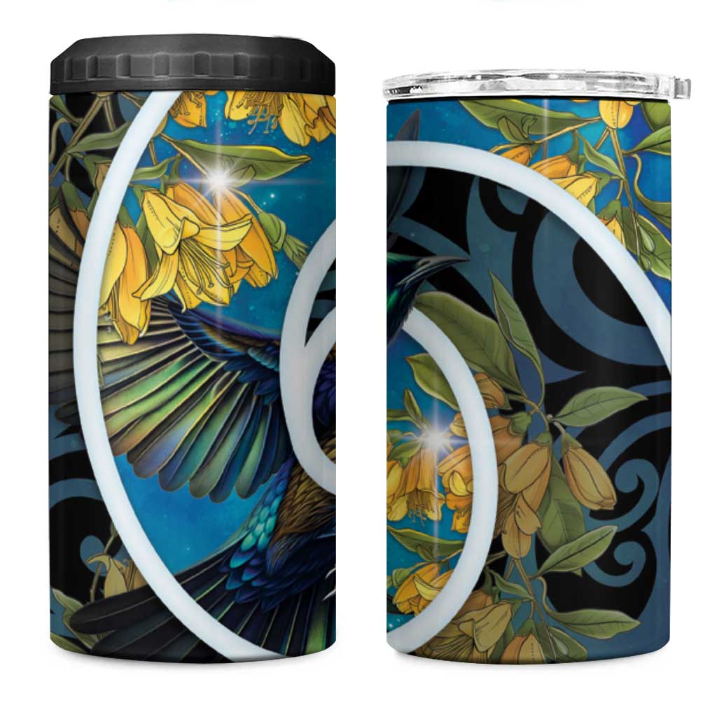 New Zealand Tui Bird 4 in 1 Can Cooler Tumbler Maori Koru With Kowhai Flowers LT05 One Size: 16 oz Black - Polynesian Pride
