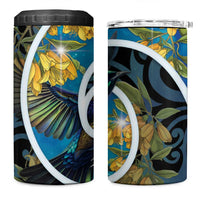 New Zealand Tui Bird 4 in 1 Can Cooler Tumbler Maori Koru With Kowhai Flowers LT05 One Size: 16 oz Black - Polynesian Pride