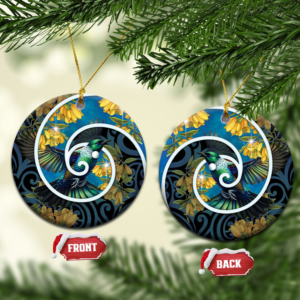 New Zealand Tui Bird Ceramic Ornament Maori Koru With Kowhai Flowers LT05 Circle Black - Polynesian Pride