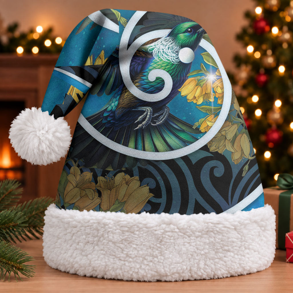 New Zealand Tui Bird Christmas Santa Hat Maori Koru With Kowhai Flowers LT05 With Fur Black - Polynesian Pride
