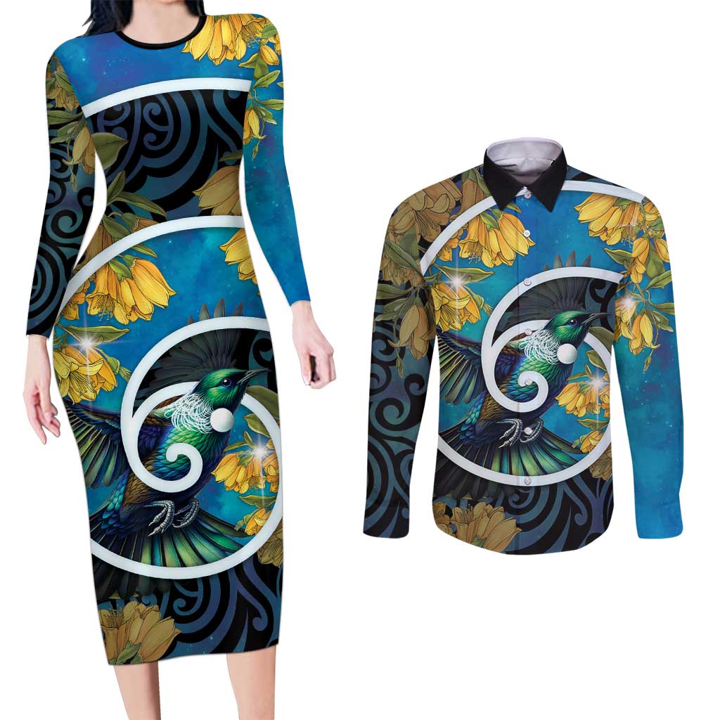 New Zealand Tui Bird Couples Matching Long Sleeve Bodycon Dress and Long Sleeve Button Shirt Maori Koru With Kowhai Flowers LT05 Black - Polynesian Pride