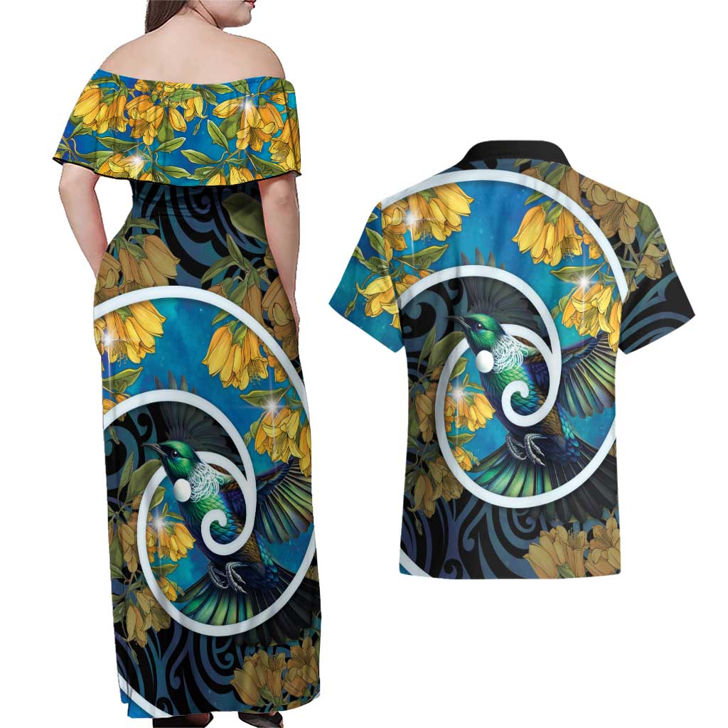 New Zealand Tui Bird Couples Matching Off Shoulder Maxi Dress and Hawaiian Shirt Maori Koru With Kowhai Flowers LT05 - Polynesian Pride